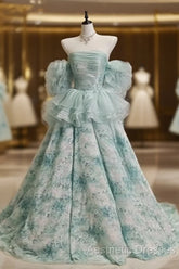 Blue Floral A-Line Strapless Organza Long Evening Prom Dresses Graduation Evening Prom Dresses